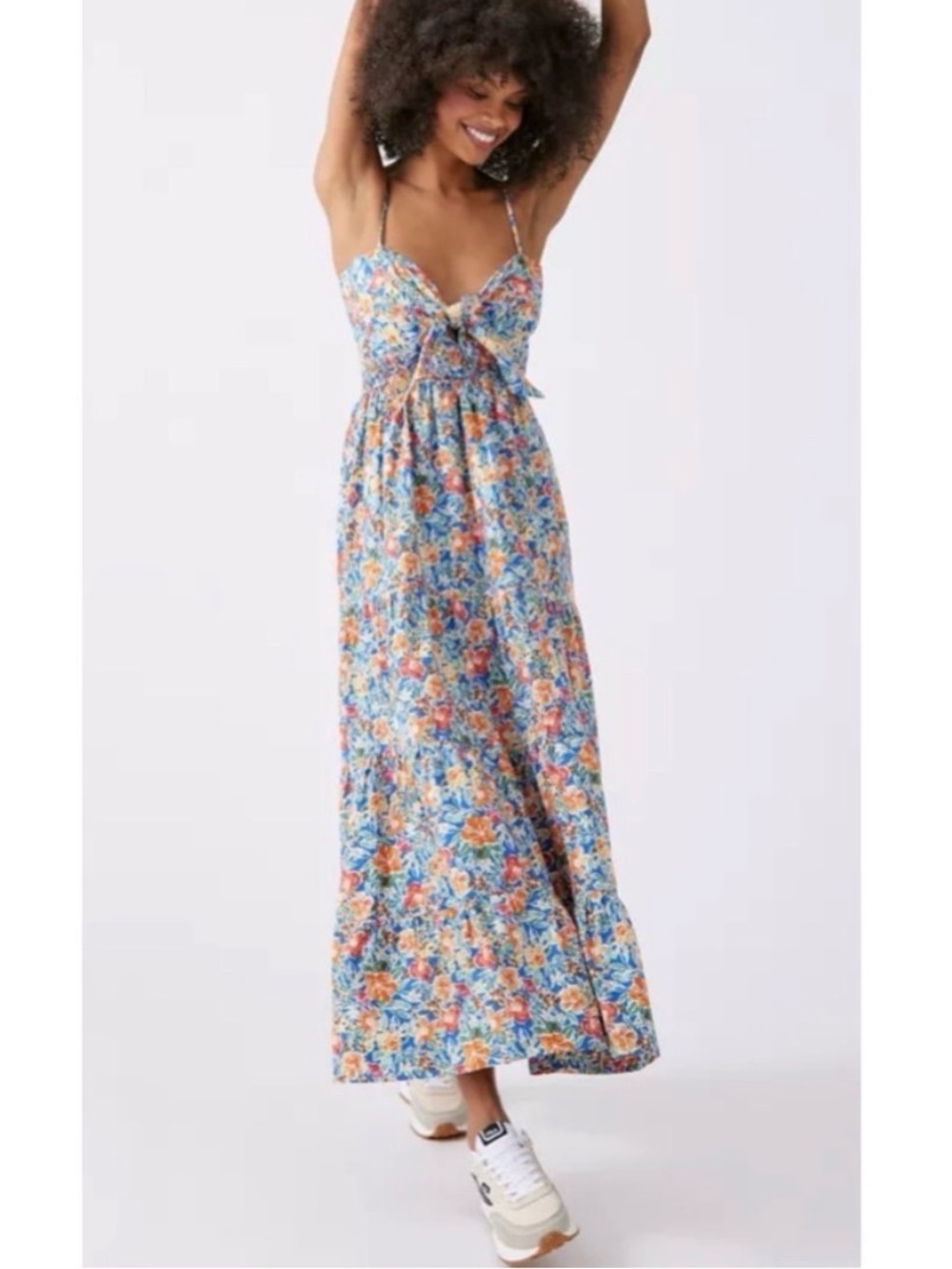Floral Tie Front Midi Boho Dress - Fall Festival Resort Vacation Sundress Cotton